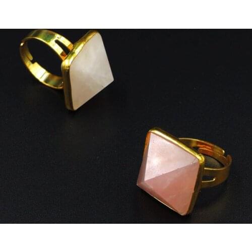 18*18mm Pink Quartz Crystal Pyramid Adjustable Ring Cladded Copper Casing Of Plating Gold