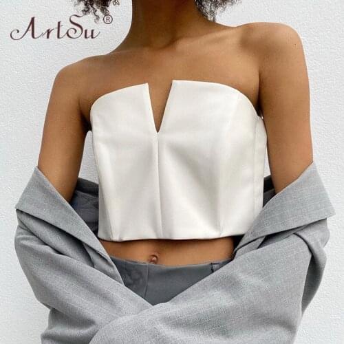 ArtSu Fashion V-Neck Strapless Bustier Off Shoulder Skinny PU Leather Black White Party Crop Tops Women Sexy Tank Top Club Wear