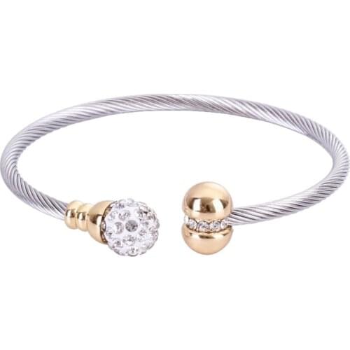 Chran 2 Open End Crystal Beads Bangle Jewelry Fashion Stainless Steel Cable Bracelets for Women