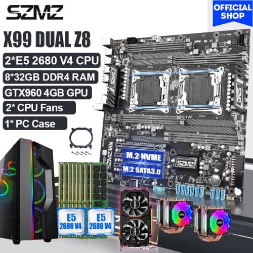 SZMZ X99 Dual Motherboard All In One Combo Lga 2011-3 with 2pcs E5-2680 V4 CPU and 8*32GB DDR4 RAM + Video Card + Case + Fans