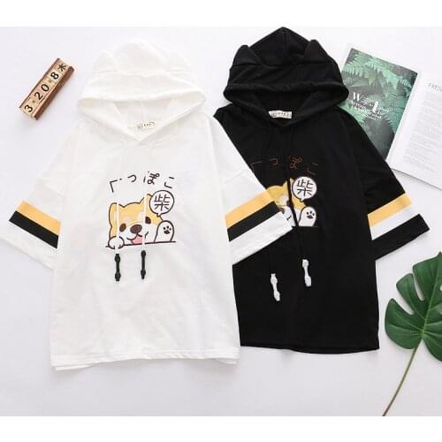 Womens Cartoon Shiba Inu Embroidery T-Shirt Harajuku Kawaii Short Sleeve Lovely Female Casual T Shirt Cute Tee with Ears