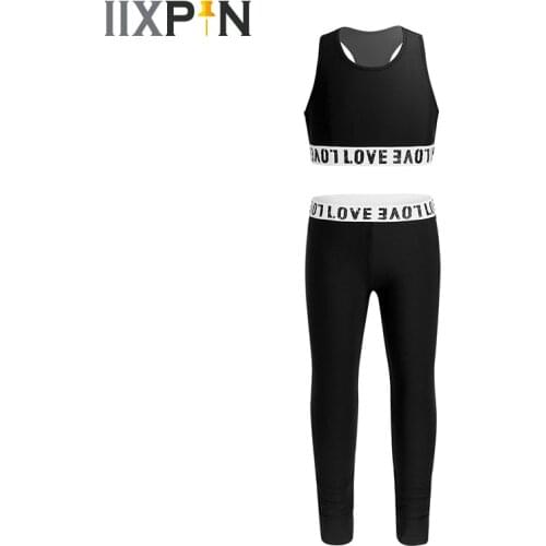 Girls Ballet Dance gymnastics leotard Gym Workout Athletic Outfit Letter Printed Sleeveless Back Tanks Crop Top with Leggings