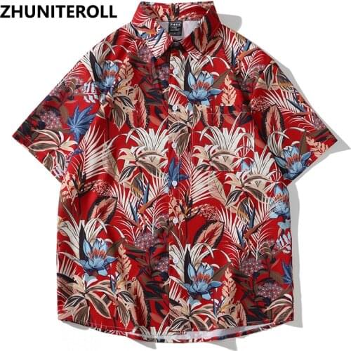 Harajuku Hawaii Shirt Hip Hop Streetwear Vintage Leaf Print Beach Shirt Men Bohemia Summer Short Sleeve Casual Fashion Clothing
