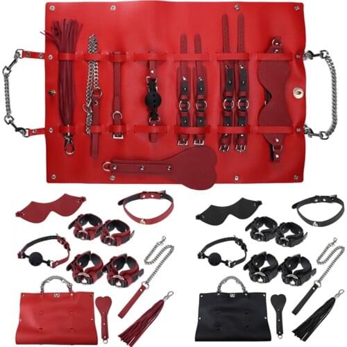Leather SM Bondage Set With Storage Bag Erotic Bdsm Sex Toys For Couple Hand Cuffs Neck Collar Gag Mask Whip Whipping Slave Game