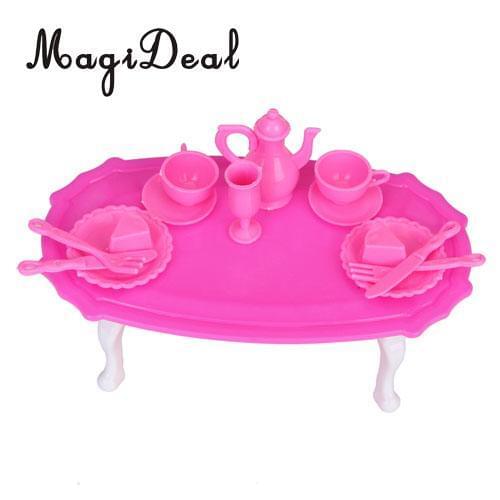 Set of 13pcs Dining Table Set For Dolls House Home Decor Tea Cups Dessert Plates Spatula Vase Pot Miniature Pink