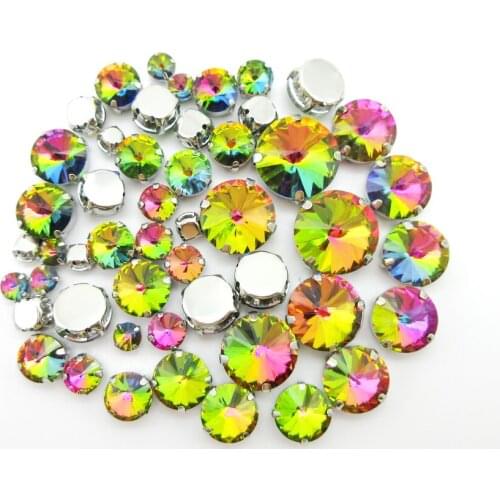 Rainbow glass crystal strass mix Rivoli round shape 7 sizes silver claw flatback sew on rhinestones clothes shoes diy decoration