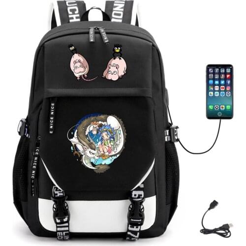 Anime Spirited Away USB Teenger Backpack Student Packsack Canvas Fabric Schoolbag Unisex Casual High Quality Laptop Bag