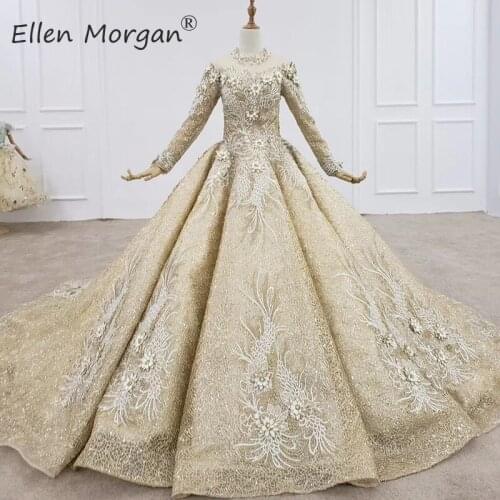Champagne Long Sleeves Wedding Dresses for Women 2020 Saudi Arabia Muslim Ruffles Lace Real Photos Princess Puffy Bridal Gowns