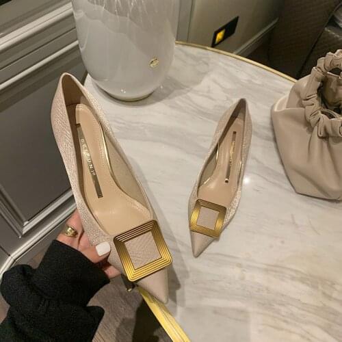 French high heels womens stiletto heel 2021 new wild square buckle womens mid-heel pointed shallow mouth