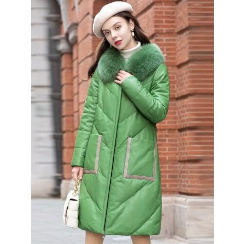 2021 Winter New Fox Fur Collar Casual Simple Leather Coat Leather Down Jacket Womens Mid Length