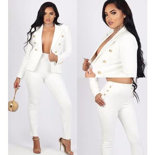 Women Fashion Business Two Piece Set Casual Sexy Office Wear Female Elegant Solid Buttons Long Sleeve Coat Pencil Pants Suit
