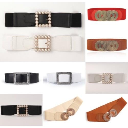 Ladies Simple Cummerbund Elastic Pearl Waistband Square Buckle Belt Skirt Ornament For Decoration