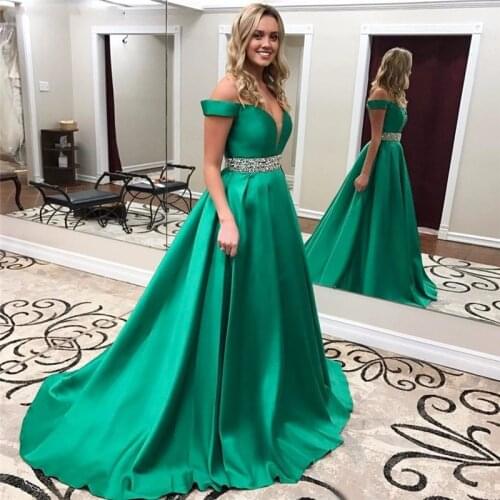Summer Sexy Off Shoulder Satin Prom Dresses Long Crystal Belt Simple Satin Evening Dress Formal Party Gowns Vestido De Festa