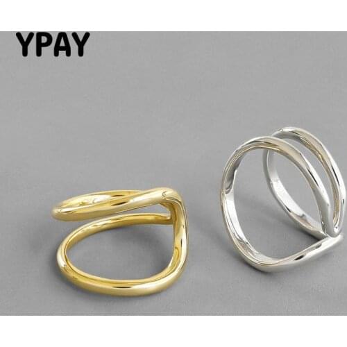 YPAY 100% Authentic 925 Sterling Silver Open Rings for Women Korea INS Double Lines Smooth Adjustable Ring Fine Jewelry YMR1020