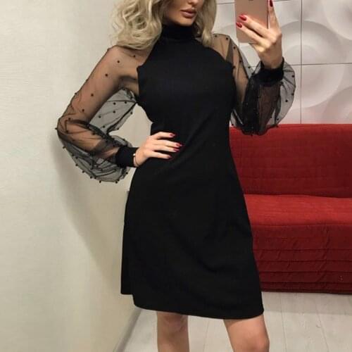 40# Womens Embroidery Dress Pearl Beading Mesh Sleeve Long Sleeve A-line Mini Dresses Evening Party Dress Платья Для Женщин