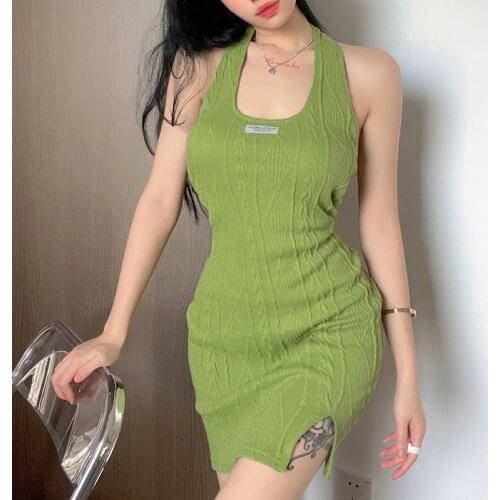 2021 V Neck Knitted Dress Bodycon Green Black Women Halter Neck Backless Bandage Summer Beach Sleeveless Sexy Mini Dresses