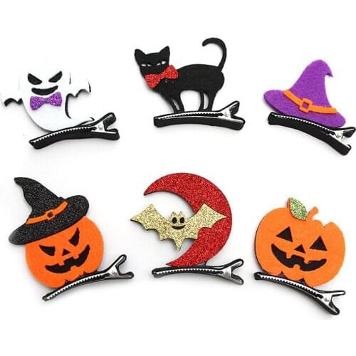 30pcs Fashion Cute Glitter Cartoon Hairpins Solid Felt Hat Ghost Pumpkin Cat Hallowmas Hair Clips Party Halloween Headwear