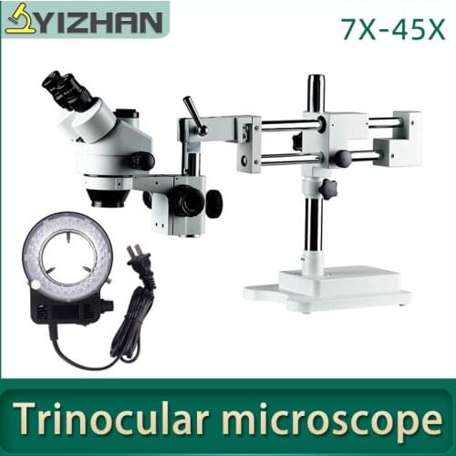 7X-45X Simul-Focal Double Boom Stand Trinocular Stereo Zoom Microscope With Led Light Soldering Microscope Stand For Cell Phone