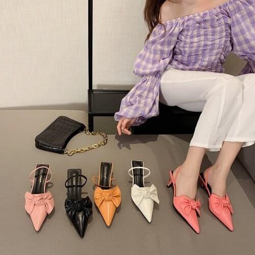 Pointed Toe Women Sandals Slippers Back Strap Ladies Elegant Thin Low Heels Solid Color Bow Design Shallow Slides Slippers Soft