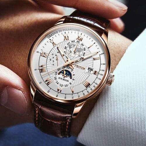 2021 Top Brand Luxury Mechanical Watch Men Automatic Black Leather Casual Waterproof Sports Moon Phase Wristwatch Reloj Hombre