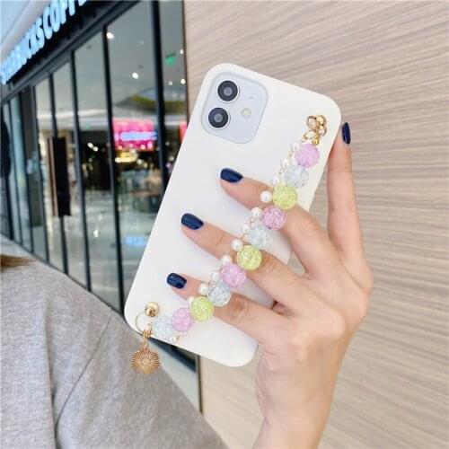 Luxurious Solid Color Pearl Chain Case For iPhone 11 12 Pro XS Max 7 8 Plus X XR 12mini SE 2020 Bracelet Shockproof Back Covers