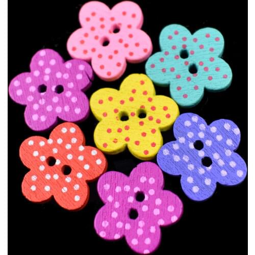 15MM DIY Wooden Buttons Flower Shape Colorful Mixed Dot Printing Button for Baby Clothing Sewing Handmade Craft Accessories