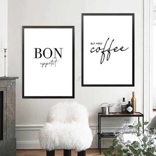 Kitchen Art Decor But First Coffee Posters Bon Appetit Print Black White Wall Art Canvas Painting Picture For Dining Hall