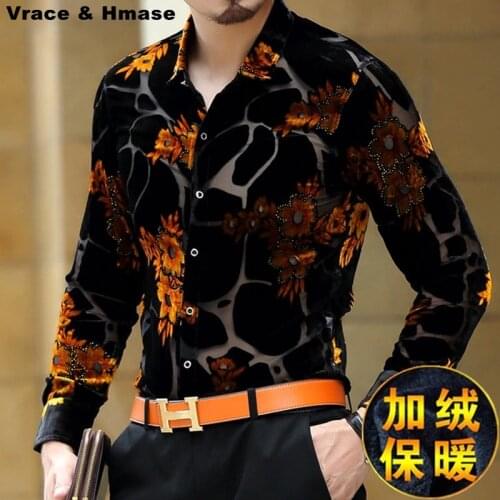 Exquisite floral pattern silk soft high-end boutique long sleeve shirt 2016 Autumn&Winter gold velvet fashion men shirt M-XXXL