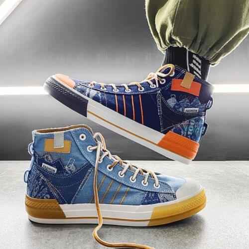 Men Casual High Top Canvas Shoes Chunky Mans Denim Blue Black Sport Sneakers Male Tennis Trainers Skate Trend Vulcanize Shoes 44
