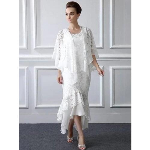 2021 High Low White Lace Mother of the Bride Dresses With Shawl Jewel Neck Mother of Groom Gowns Sleeveless