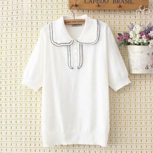 Summer Cotton Shirts Elegant Temperament Blouses Doll Collar Short Sleeve Ruffle Loose Tops Fashion Ladies Blusas MM0695