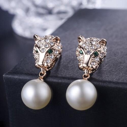 Leopard Head Crystal Imitation Pearl Earring Stud Rose Gold Color Fashion Jewelry Women Gift