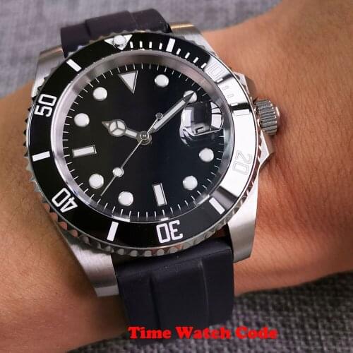 Black 40mm NH35 Automatic Mens Watch Date Indicator Sapphire Glass Rubber Strap Ceramic Bezel Insert Luminous SUB
