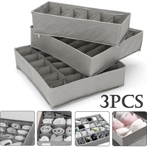 3pcs Storage Box Set Gray Non-woven Bamboo Charcoal Belt Zipper Socks Lace Bra Accessory Separate Storage Box