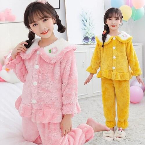 Girls' Pajamas Set Autumn And Winter Korean Style Baby Girl Homewear Warm Flannel Toddler Girl Nightgown 2-15Y Childrens Pajama