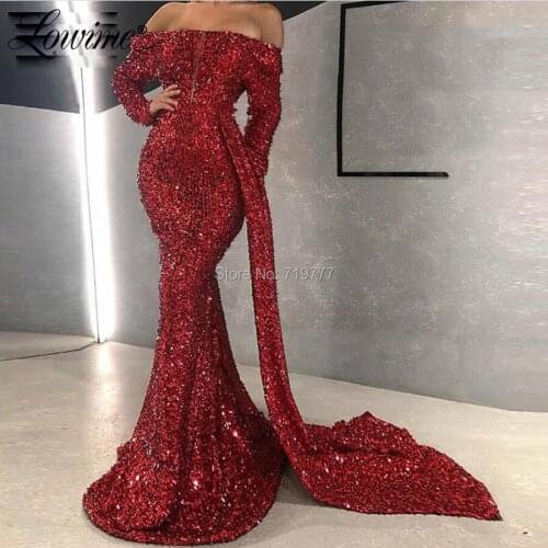 Mermaid Party Gowns 2020 Dubai Burgundy Sequins Off Shoulder Sexy Evening Dresses Long Prom Dress For Weddings Robe De Soiree