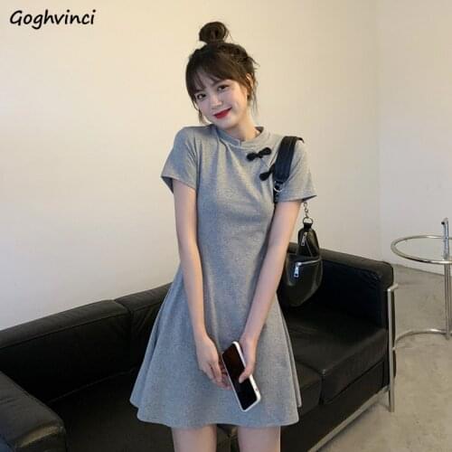 Short Sleeve Dress Women Retro Designed-waist Reformed Cheongsam Solid Mini Dresses Female Simple Stylish Stand Collar Trendy