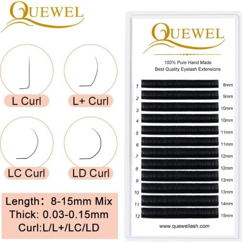 Quewel L/L+/LC/LD Curl Eyelashes Extension Mix Tray Black Matte 8-15mm Individual Classic False Eyelash High Quality Lashes