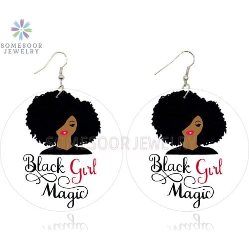 SOMESOOR Black Girl Magic Natural Hair Wooden Drop Earrings Fashion Afro Melanin Woman Printed Photos Wood Dangle Jewelry