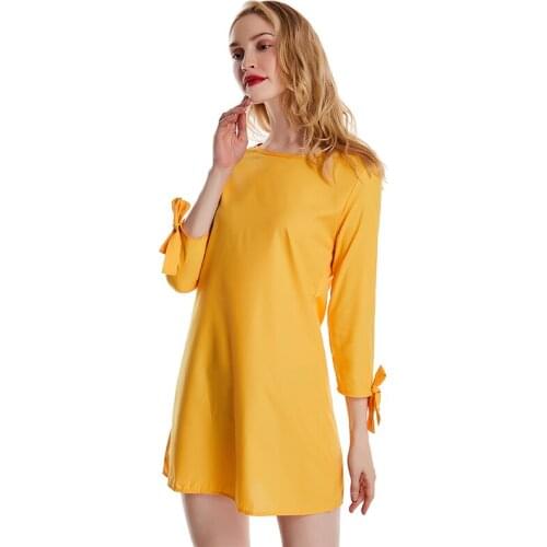 Spring Women Dress New Fashion Solid Color Casual O Neck Loose Dresses Three Quarter Sleeve Bow Elegant Beach Female Vestidos