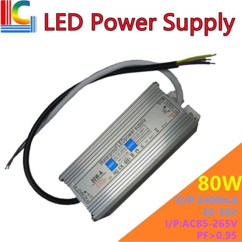 80W 2400mA IP67 Waterproof Power Supply 20V to 36V LED Driver Adapter 110V 220V Floodlight Street Light Lighting transformer CE