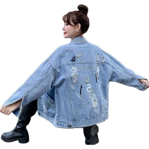 Womens Denim Jacket Spring Autumn 2021 New Ladies Jacket Lapel Single-Breasted Loose All-Match Top Printed Bead Cowgirl Coat