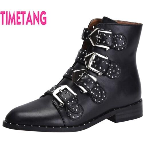 TIMETANG Woman Shoes Genuine Leather Cool Punk Rivets Flat Heel Women Ankle Boots Buckles Motorcyle/Riding/Martin Boot Size34-44