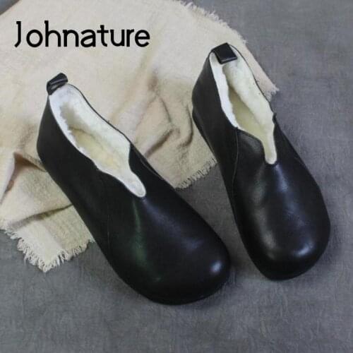 Johnature Women Shoes Flats Genuine Leather Winter 2020 New Retro Vintage Concise Mori Round Toe Leisure Shallow Ladies Shoes