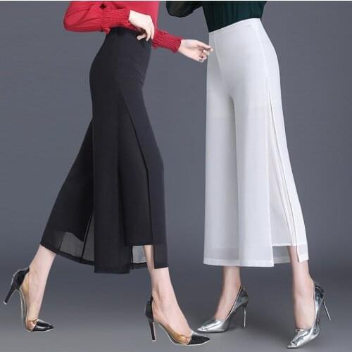 Women Vintage Loose High Waist Long Trousers Ladies Chiffon Side Split Casual Palazzo Pants Wide Leg Pants Pantalones X186