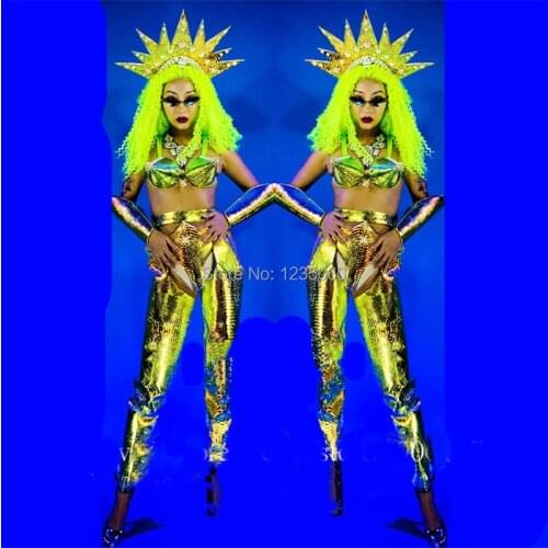 Nightclub Female Space Laser Bikini Suit Sexy Lady Dance Team Costume With Headwear Stage Performance Ballroom Mirror Clothes 1