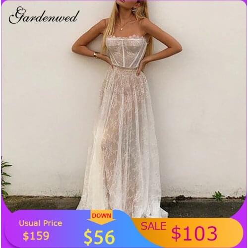 Boho Lace Wedding Dresses Simple Spaghetti Straps Beach Bride Dresses Strapless Sleeveless Long Bridal Gowns