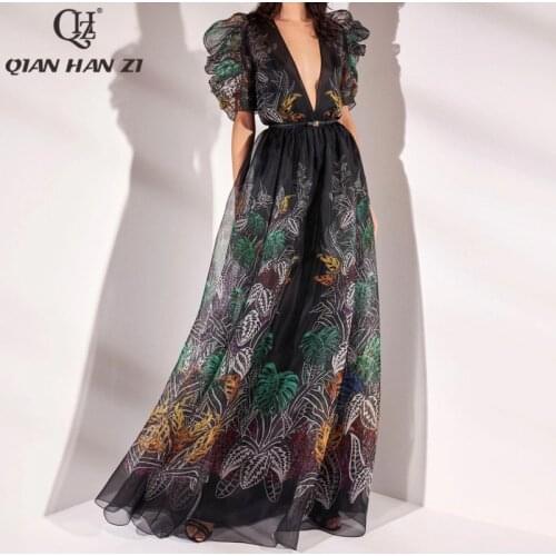 Qian Han Zi 2021 Summer Designer Fashion Runway Maxi Dress Womens V-neck Puff Sleeves Slim leaf print vintage Long dress