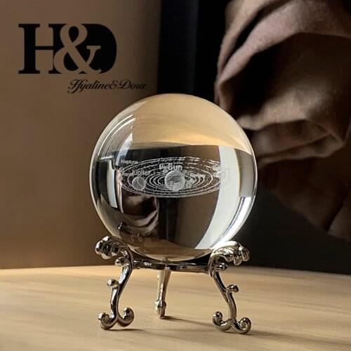 H&D 60mm 3D Laser Engraved Solar System Ball Glass Healing Ball Crystal Miniatures Sphere Home Decoration Accessories with Stand