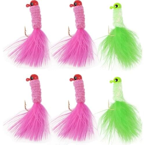 5Pcs Crappie Jigs Fishing Hard Lure Accessory Lead Head Hook Fly Fishing Lures With Feathers For Worm Baits Barbed Hooks